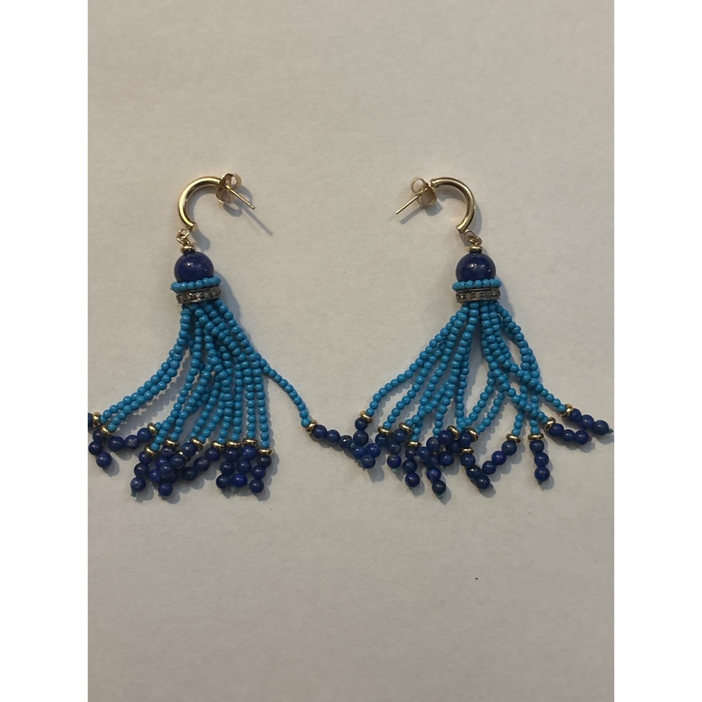 Turquoise Blue‎ Lapis Lazuli Tassel Hoop Earrings Dangle Gemstone Gold Tone 14K